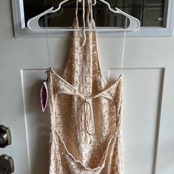 FUTURE COLLECTIVE Halter Tie Neck Open Knit Crochet Midi Dress - Picture 8 of 12